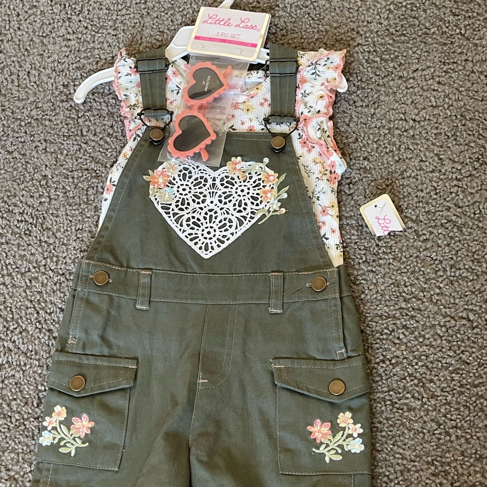 Little Lass Olive Overalls with Floral Heart Design